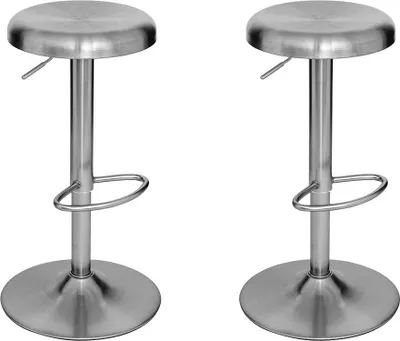 Two silver bar stools on a white background.