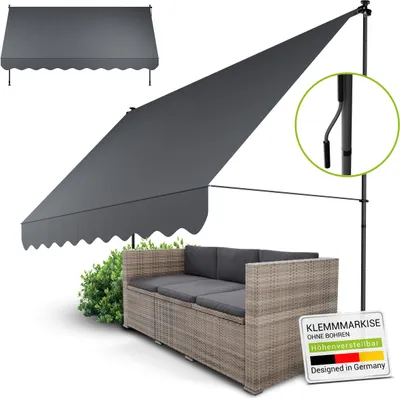 Produktbild von Juskys Klemmmarkise Kapstadt 350x120 cm - Höhenverstellbar, Montage ohne Bohren, wasserabweisende Beschichtung - Grau