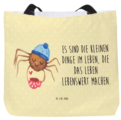 Produktbild von Mr. & Mrs. Panda Strandtasche Spinne Agathe Kaffee - Gelb Pastell - Geschenk, Morgenmuffel, Tasche, Laptoptasche, Tote Bag, Morgen, Reisetasche, Weiser Spruch
