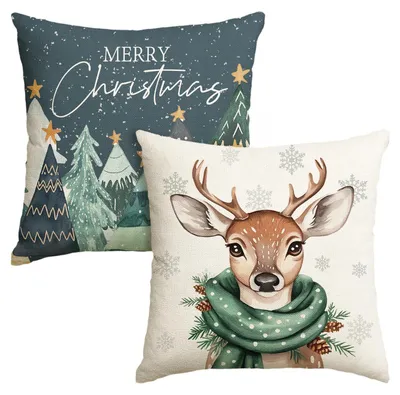 Productafbeelding van Kussensloop set, 2 stuks, 45x45 cm, kerstthema, rendier, sneeuwvlokken, groen, polyester