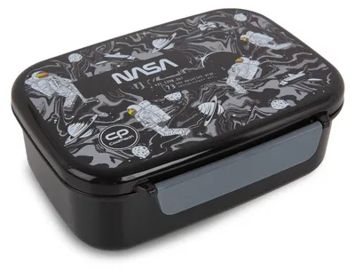 A black lunchbox with a space-themed design featuring astronauts and planets.