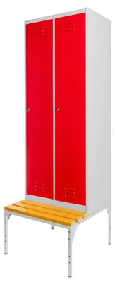 Zdjęcie produktu dla Szafa szafka ubraniowa BHP socjalna metalowa Mega-M J-60 na podstawie z wysuwaną ławeczką dwudrzwiowa szara/czerwony front 60x80x223 cm skręcana