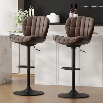Immagine prodotto di Set di 2 sgabelli da bar, regolabili in altezza, rivestiti in ecopelle, girevoli a 360°, con schienale e poggiapiedi, color marrone