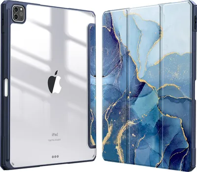 Produktbild von Fintie Hybrid Hülle für iPad Pro 12.9 2022 (6. Generation)/ iPad Pro 12.9 2021/2020/2018 mit Stifthalter - Stoßfeste Schutzhülle mit transparenter Hartschale auf der Rückseite, Ozean Marmor