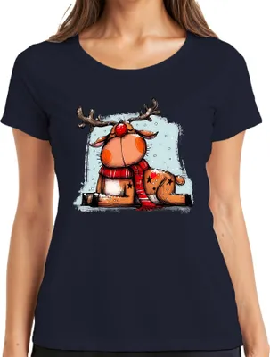 Produktbild von Rudolf Rentier Weihnachten rote Nase roter Schal Geschenk Damen T-Shirt, Navy, M