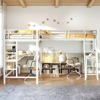 Produktbild von Flieks Etagenbett 90x200cm mit Lattenrost, Hochbett mit Schreibtisch, Kinderbett mit Rausfallschutz, Metallbett Stockbett 2 Kinder, Weiß