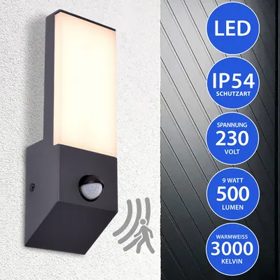 A modern LED outdoor wall light with a motion sensor is mounted on a textured white wall, next to a dark, ribbed surface. Informative blue circles with white text are overlaid on the right side of the image, detailing the product's features.
