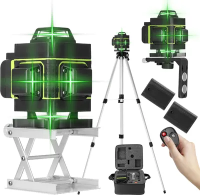 Produktbild von Profi 4D Laser Level 16 Lines Grünes 360° Kreuzlinienlaser mit 1,5m Höhen verstellbarem Stativ Rotationslaser, zwei Batterie, IP54 Staub & Wasserschutz