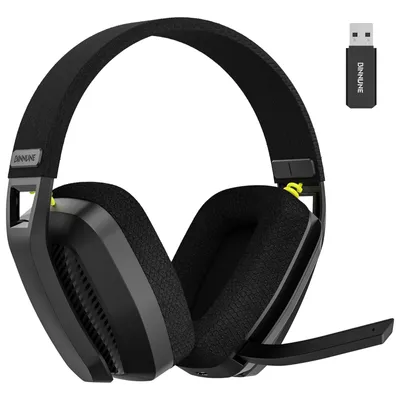 A product shot of a wireless gaming headset and its USB dongle against a white background.