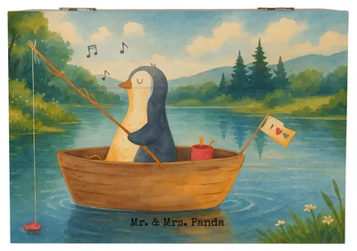 Produktbild von Mr. & Mrs. Panda Kiste Pinguin Angelboot Design 22 x 15 cm - Weiß - Geschenk, Schatulle, Angeln, Genießen, schatztruhe, Box, fotobox, Boot, Holzbox mit Deckel