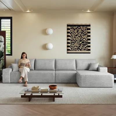 Image de Canapé d'angle modulaire de 340 cm, sans accoudoirs, avec une méridienne en forme de L, canapé modulaire moderne avec une assise profonde. Pas d'assemblage requis