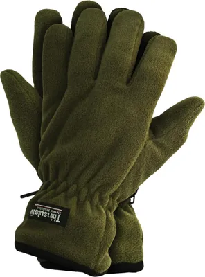 A pair of green fleece gloves with a Thinsulate label.