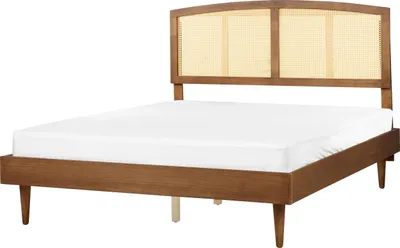 Produktbild von BELIANI Bett Hellbraun Gummibaumholz mit LED-Licht Lattenrost 160 x 200 cm Hohes Kopfteil Wiener-Geflecht Rustikaler Stil Schlafzimmer Doppelbett