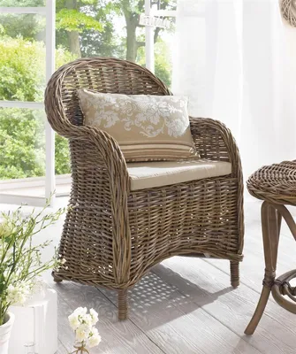 Produktbild von Rattansessel "Koboo Grey" grau, handgefertigt, Rattanstuhl inkl. Sitzkissen, Komfort Sitzhöhe, Korbsessel
