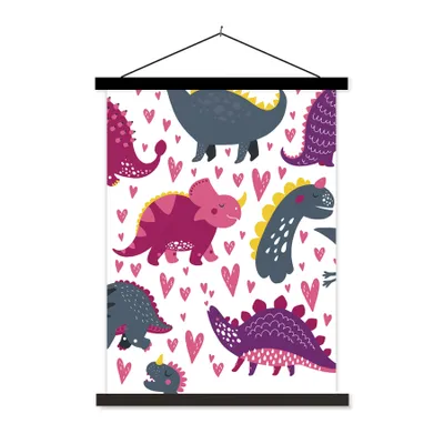 Produktbild von MuchoWow® Textilposter Dino - Herz - Muster - Rosa - Mädchen - Dinosaurier 60x80 cm mit schwarzem Rahmen - Plakathalter