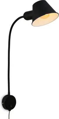 A black adjustable wall lamp with a flexible arm and a conical shade is shown against a white background.