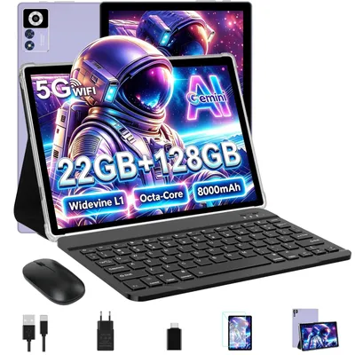Produktbild von Android Tablet 10 Zoll Gemini AI mit 22GB RAM+128GB ROM TF 2TB 5G WiFi Octa-Core 2GHz Widevine L1 8000mAh BT 5 5MP+8MP GPS Tablet mit Tastatur Maus Lila
