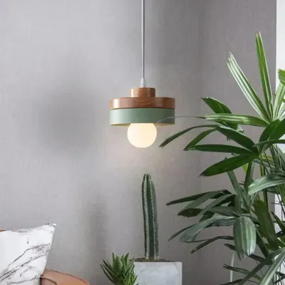 Produktbild von Moderne runde Pendelleuchte mit grünem Holz- und Metallschirm, E27-Deckenleuchte für das Wohnzimmer