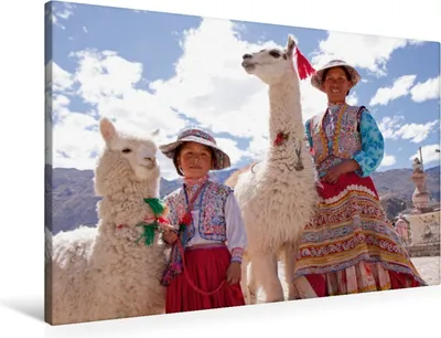 Produktbild von Calvendo Textil-Leinwand 90 cm x 60 cm quer Frau und Mädchen mit Lama und Alpaka, Kuttig Siegfried; 7397032