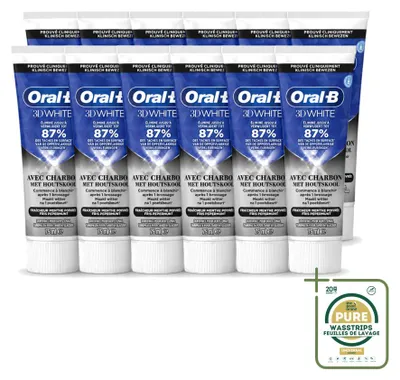 Produktbild von 12 x Oral-B 3D White Houtskool Tandpasta - Whitening und Tiefenreinigung - 75 ml - Vorratspackung - 12 Stücke