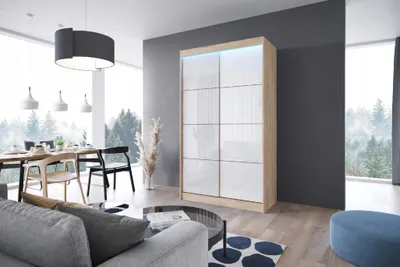Zdjęcie produktu dla Stylowa szafa przesuwna LOKO2 120cm sonoma dąb - fronty szkło lacobel w 3 kolorach do wyboru, w komplecie z półkami, drążkiem, prosty montaż