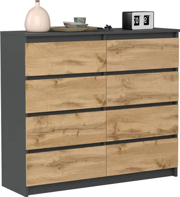 Obrázok produktu pre VBChome Komoda s 8 zásuvkami antracitová s dubom 120 x 39 x 105 cm Bezúchytková zásuvková komoda z dreva viacúčelová skriňa viacúčelová skriňa do predsiene