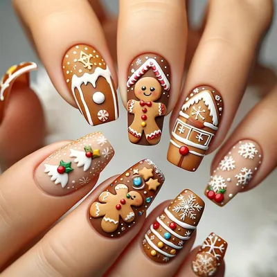 Produktbild von Kunstnägel Weihnachten 24 Stück Medium Square Cartoon Design Acryl Falsche Nägel mit Schneeflocke Zuckerstange Lebkuchenmann Motiv