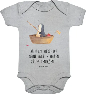 Produktbild von Mr. & Mrs. Panda Strampler Baby Pinguin Angelboot 1. - 3. Monat - Heather Grey - Geschenk, Boot, Leben, Babybody, Angeln, babykleidung body, Optimistisch, Kurzarmbody