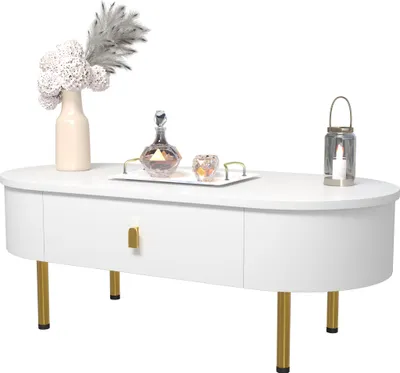 Produktbild von Sweiko Couchtisch mit zwei Schubladen, goldenen Griffen und Beinen, gebogenen Ecken