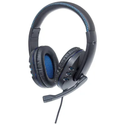 Produktbild von Manhattan USB-Gaming-Headset mit LEDs, Für PC, Mac, PS3 & PS4, verstellbares Mikrofon, integrierte Audiobedienelemente, integriertes USB-Kabel mit 1,8 m Länge, schwarz/blau, Kabelgebunden, Anrufe/Musik, 20 - 20000 Hz, 261 g, Kopfhörer, Schwarz, Blau