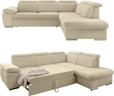 Produktbild von Ecksofa Schlaffunktion Stauraum Kopfstütze Couch Ottomane rechts Cord Beige Grau / 17216