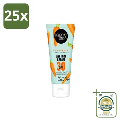 Productafbeelding van 25 x Biologische gezichtszonnebrandcrème SPF 30 - Geschikt voor normale tot droge huid - 50 ml - Verpakking met 25 stuks