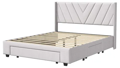 Obrázek produktu pro Postel s čalouněnou čelo - manželská postel 160 x 200 cm - 3 zásuvky - úložný prostor - potah z lněného materiálu - rošt - béžová barva