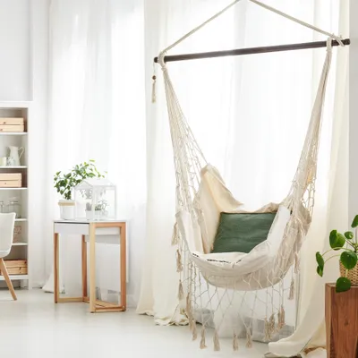 Immagine prodotto di Sedia sospesa Rebecca Mobili con cuscino in cotone imbottito, beige
