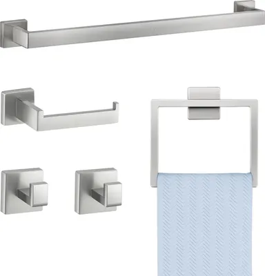 Produktbild von VEVOR Badezimmer Hardware Zubehör Set aus Edelstahl 304 (5-tlg.) inkl. Handtuchstange & Handtuchhalter (quadratischer Ring) & 2 Haken & Toilettenpapierhalter, für Badezimmer, Wandmontage Silber