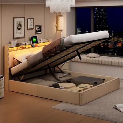Image de CDGlobal Lit rembourré 140x200cm avec USB, Lit Boxspring avec espace de rangement et sommier à lattes, Lit double avec Led /Type-C et tête de lit de rangement, Lit de rangement pour adolescents, Lin, Beige