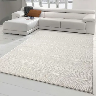 Productafbeelding van Tapijt met hoog-laag effect, gerecycled materiaal, zigzagpatroon, crèmekleur, afmetingen: 200 x 290 cm