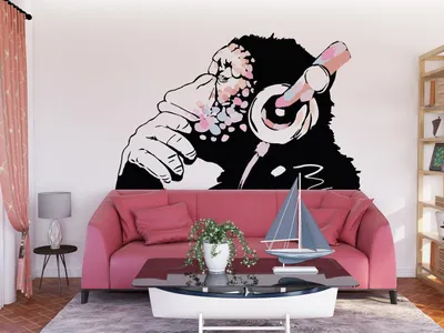 rosa Affe mit Kopfhörern im Street-Art-Stil – Decords Wandtattoo, Produktansicht 1