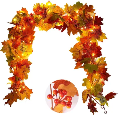 Produktbild von Herbstliche Ahornblatt-Kürbisgirlanden, 175cm hängende Herbstblätter, Rankendekoration, realistische Herbstkranzdekoration für Halloween, Garten,