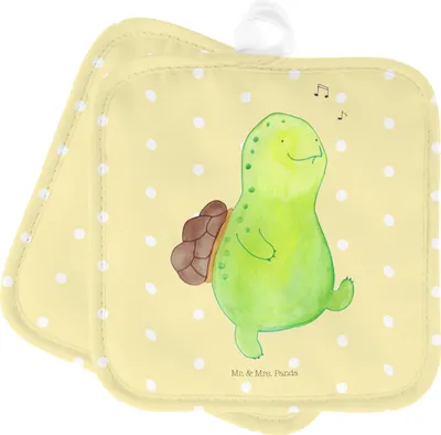 Produktbild von Mr. & Mrs. Panda Topflappen Schildkröte Pfeifen - Gelb Pastell - Geschenk, topfhalter, Lebensfreude, Depression, Doppel, Trennung, Set, Topflappenset, Topfuntersetzer
