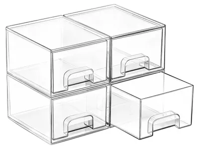 Produktbild von Schubladen-Organizer Aufbewahrungsbox Ablagebox - Transparent - 4 Stück - 18,9 x 15,3 x 11,2 cm - Stapelbar und ausziehbar - Für Bad, Schminktisch und Küche