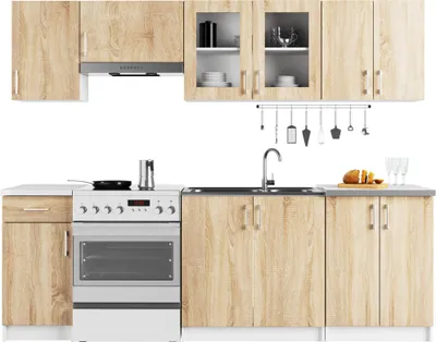 Produktbild von Küchenzeile LIMA 240 cm mit Vitrine Einbauküche 7-tlg Eiche Sonoma Matt Weiß