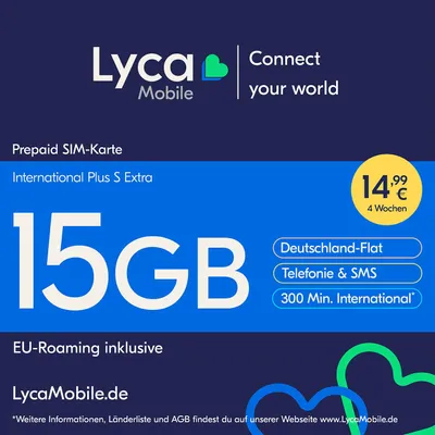 Produktbild von Lyca Prepaid Smartphone SIM Karte ohne Vertrag International Plus S extra 15GB