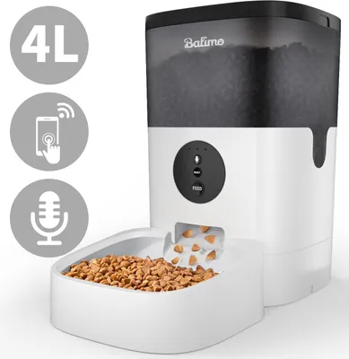 Produktbild von Balimo 4L Wifi Automatischer Futterautomat für Katzen und Hunde, 10s Soundaufnahmefunktion, 1-4 Mahlzeiten pro Tag, Weiß+Schwarz