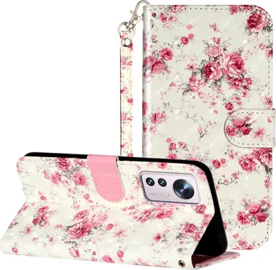 Produktbild von CLM-Tech Hülle kompatibel mit Xiaomi 12 Pro - Tasche aus Kunstleder - Klapphülle mit Ständer und Kartenfächern, Rosen Muster