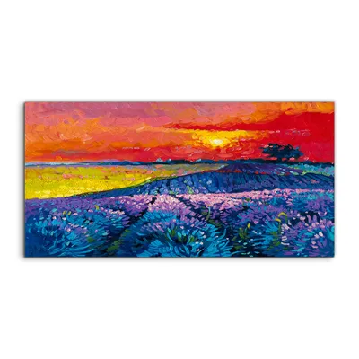 Produktbild von Coloray Glasbild 140x70  Wandbild Glasbilder Kunst Bild Lavendel Wiese Himmel Baum