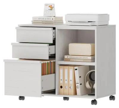 Image de Armoire de classement à 3 tiroirs - Rangement mobile pour classeurs A4 - Étagères ouvertes - Support pour imprimante sur roulettes - Blanc