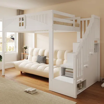 Produktbild von STILVORA Massivholzbett 140x200 cm mit Matratze Bettgestell mit austauschbarer Leiter, Hochbett mit Sicherheitsgitter und Aufbewahrungsleiter, Multifunktionsbett mit Fenster