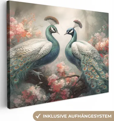 Produktbild von MuchoWow® - Leinwandbilder - Pfaue - Pfauenfedern - Vögel - Natur, Wandbild, Wanddeko Bilder Wohnzimmer, 80x60 cm