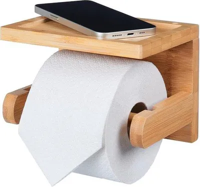 Zdjęcie produktu dla Uchwyt na papier toaletowy z półką na telefon i klucze – bambus – HBD: ok. 125 x 165 x 125 cm